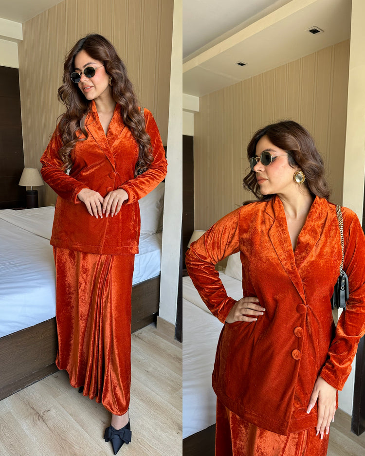 Rust velvet pleated skirt blazer set