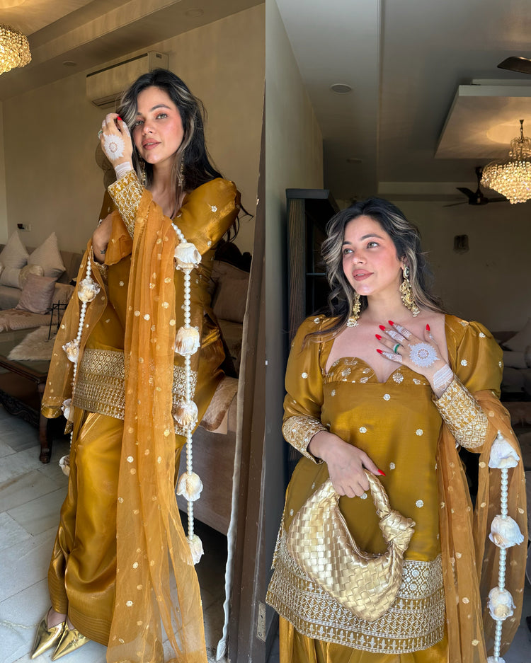 Golden farsi salwar embroidered suit