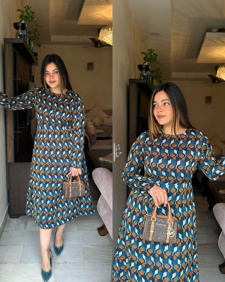 Blue brown printed a line dress