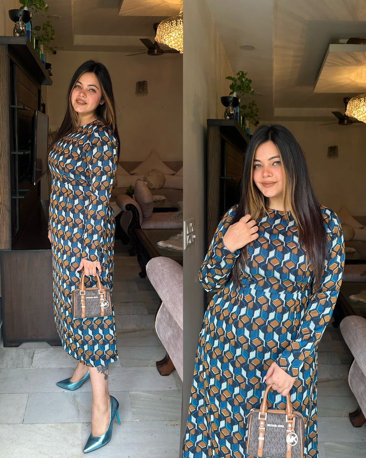 Blue brown printed a line dress