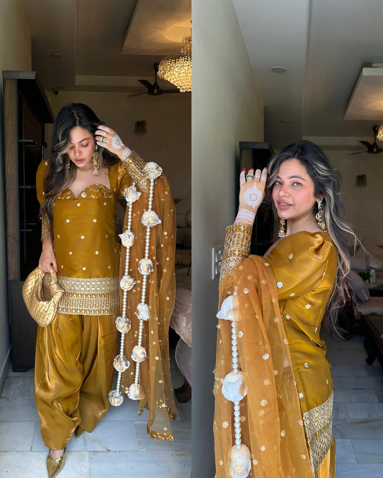 Golden farsi salwar embroidered suit