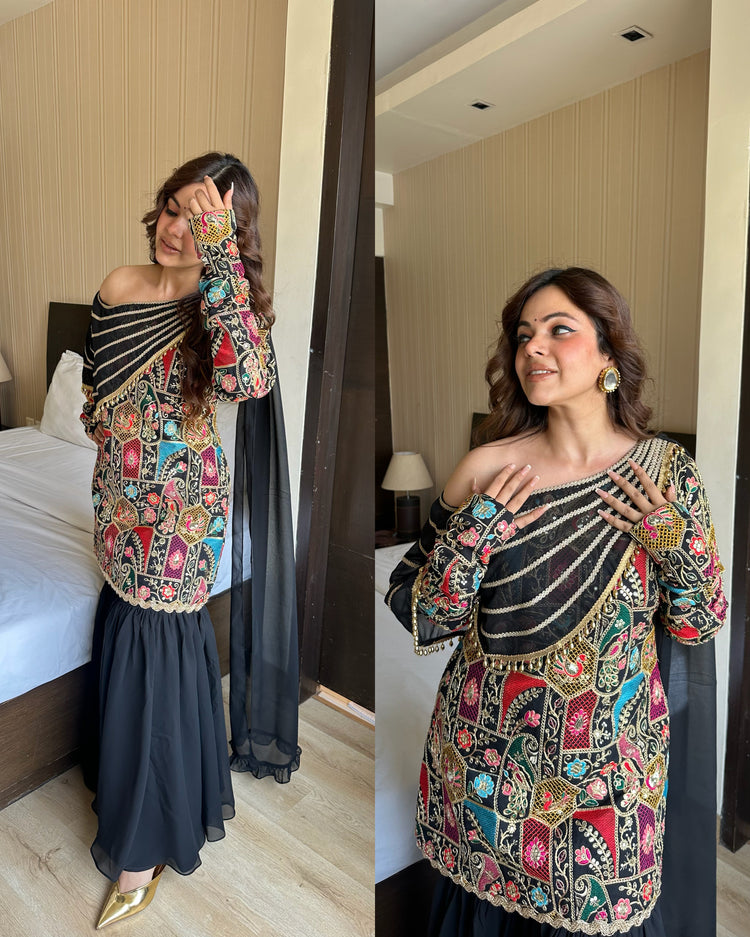 Black heavy embroidered attached duppata suit