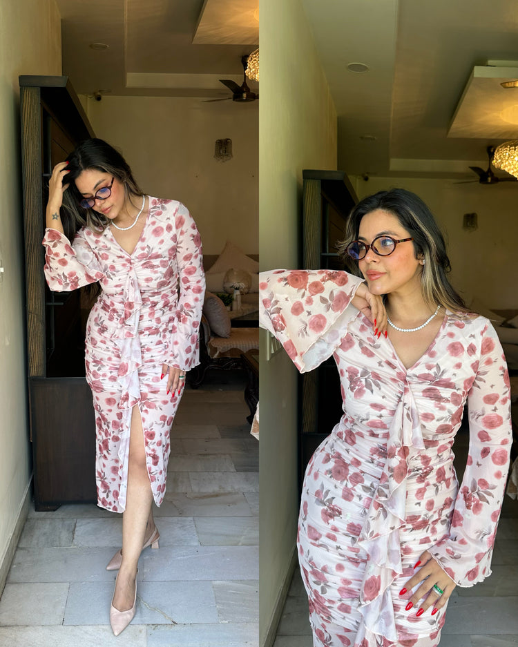 Pink floral frilly bodycon dress