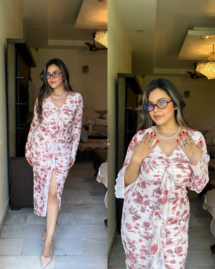 Pink floral frilly bodycon dress