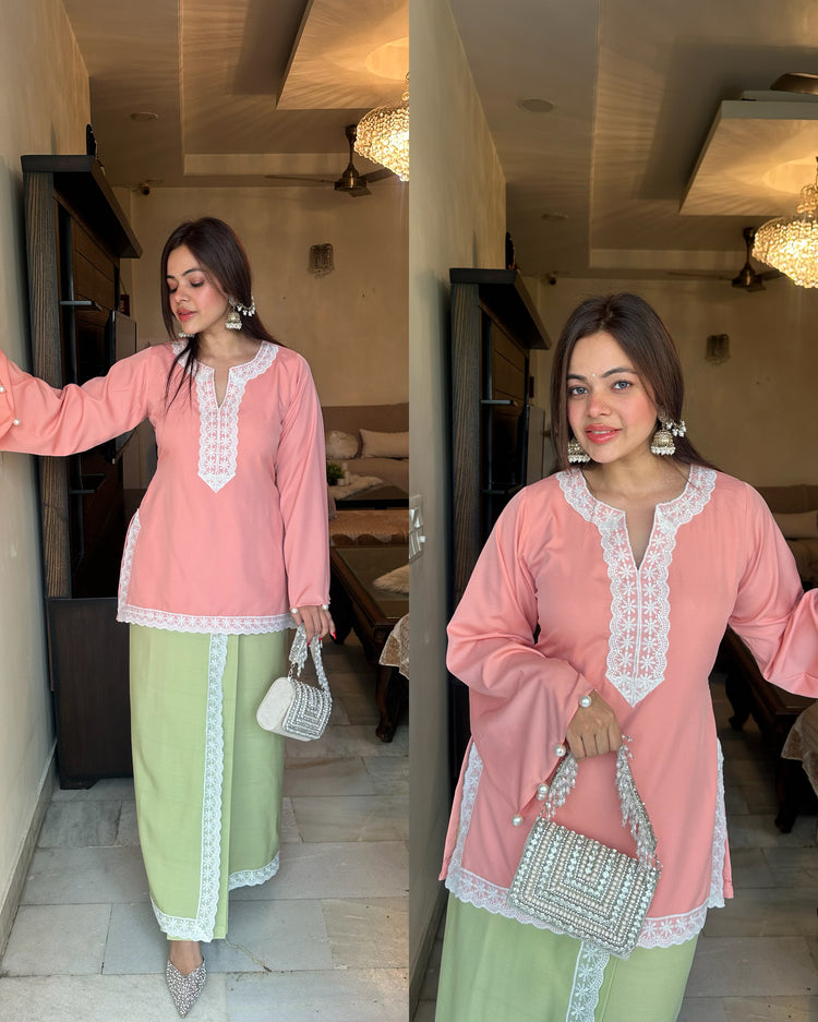 Pastel pink green pleated skirt set