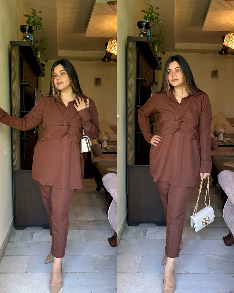 Brown criss cross drape set