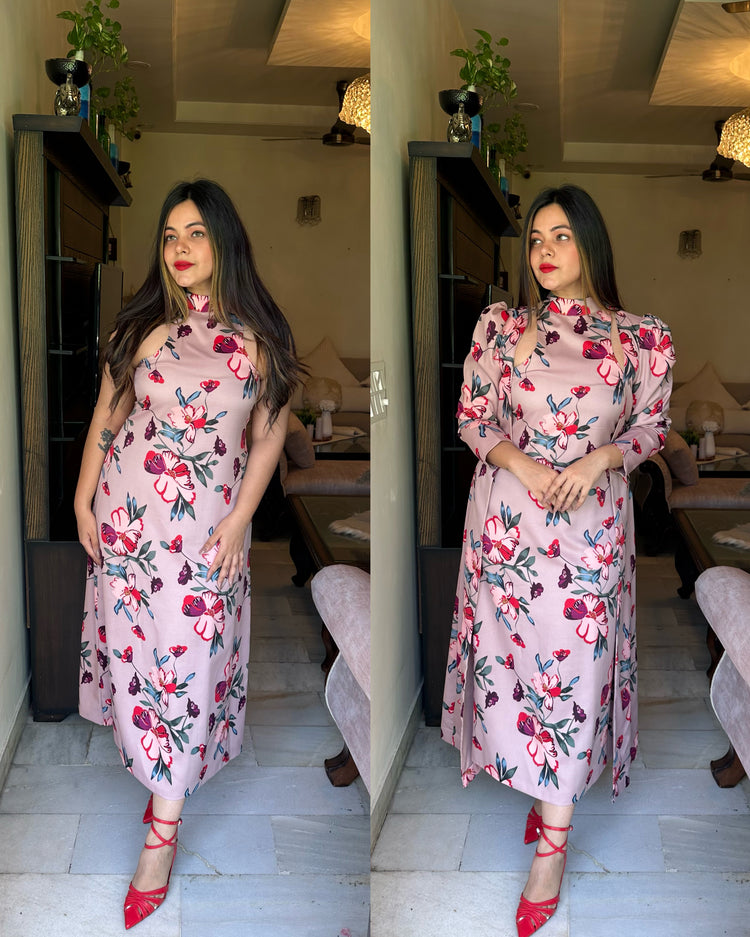 Red nude floral jacket set
