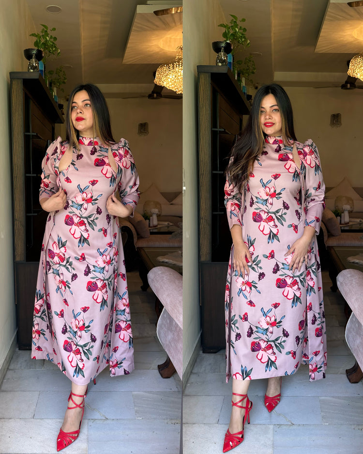 Red nude floral jacket set