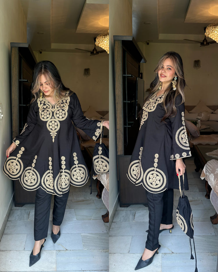 Black beige embroidered peplum set with potli