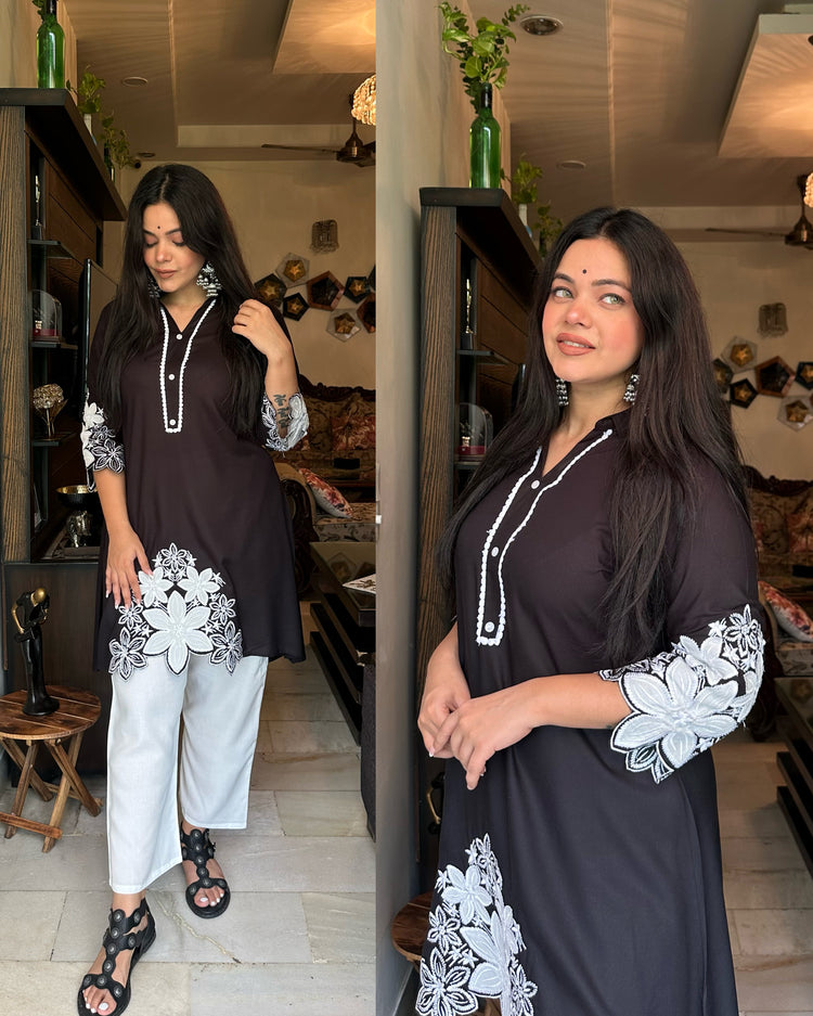 Black white embroidered set
