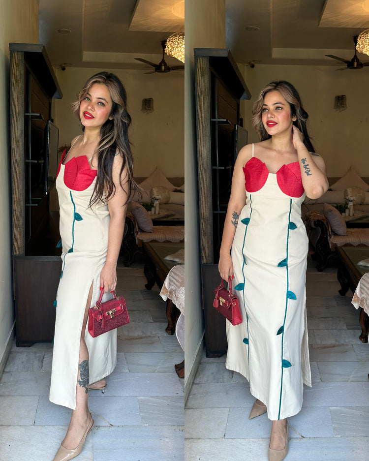 Beige red bud leaves dress