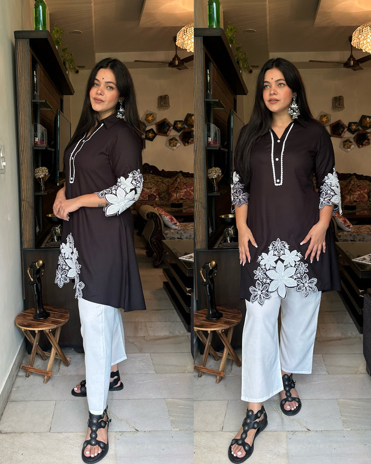 Black white embroidered set