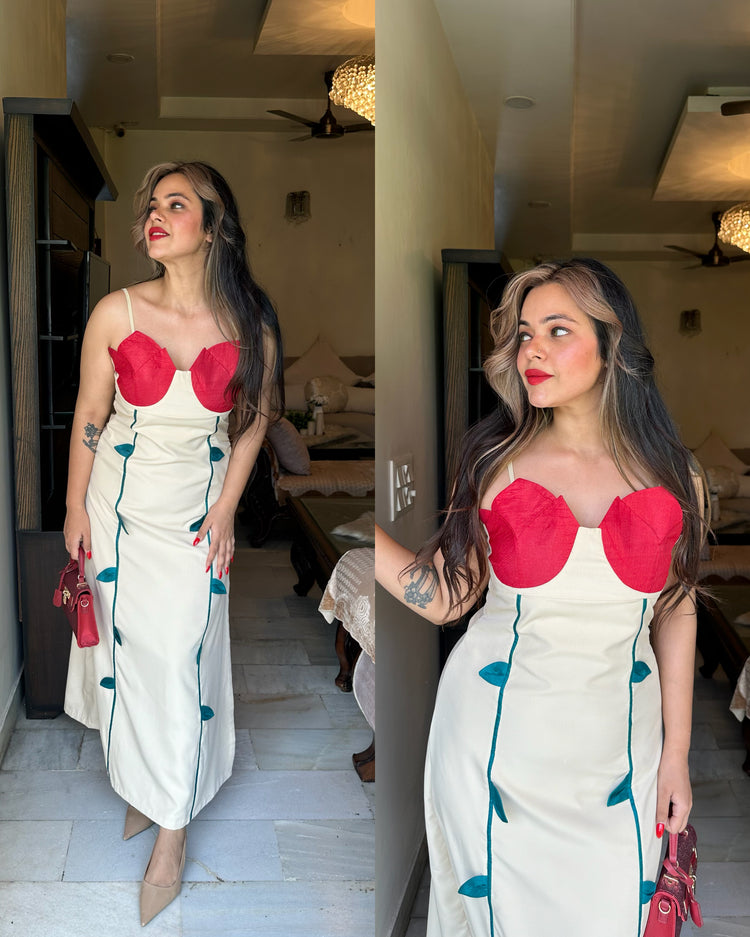 Beige red bud leaves dress