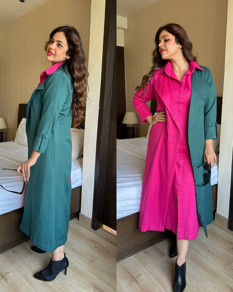 Green pink trench coat and dress set
