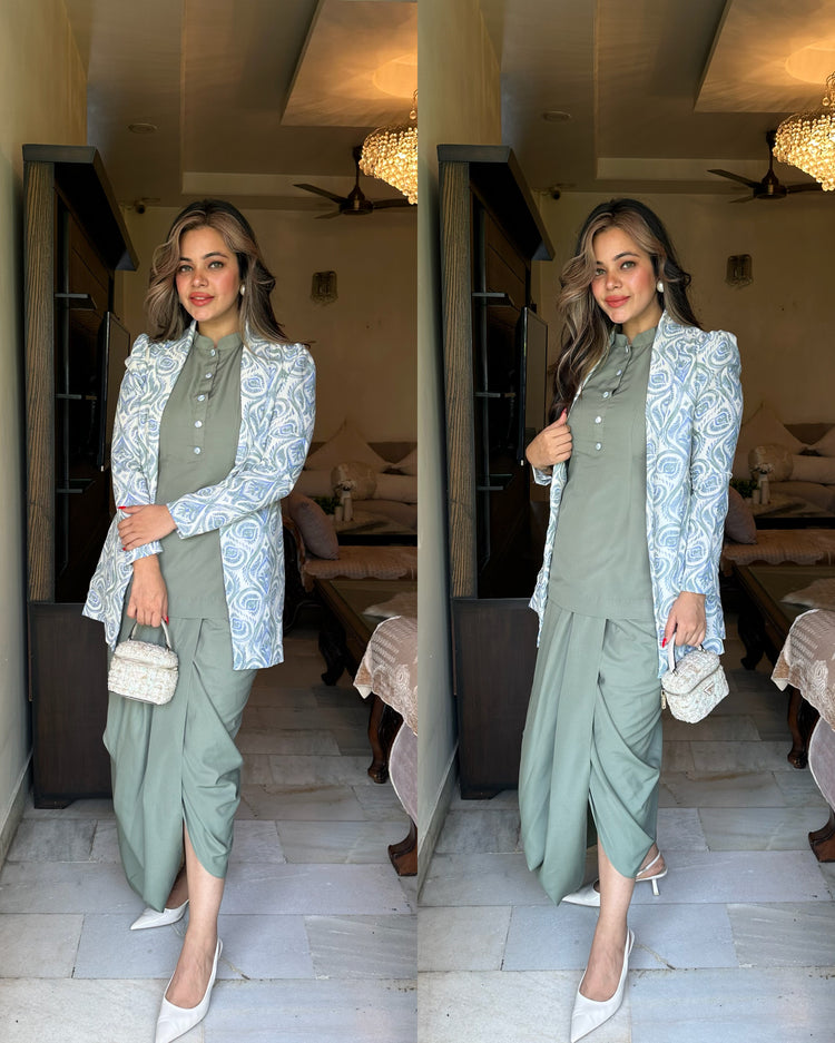 Green blue jacket lungi set