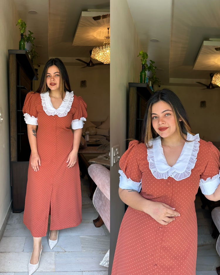 Rust brown frill collar maxi dress