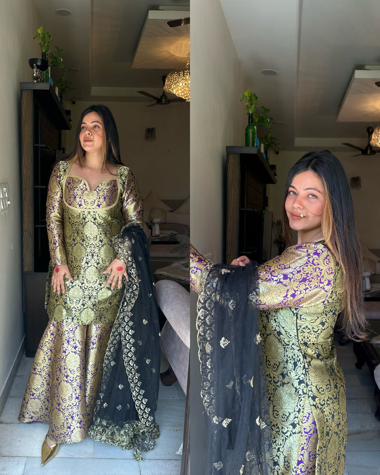 Black purple brocade suit