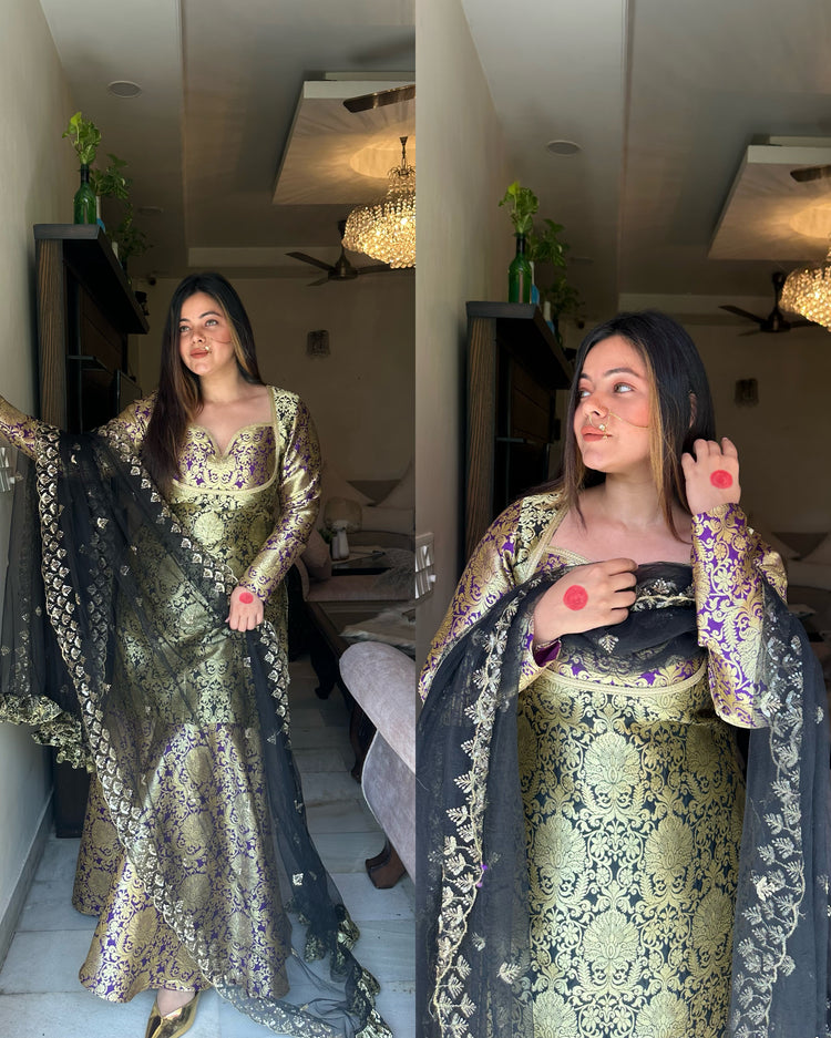 Black purple brocade suit