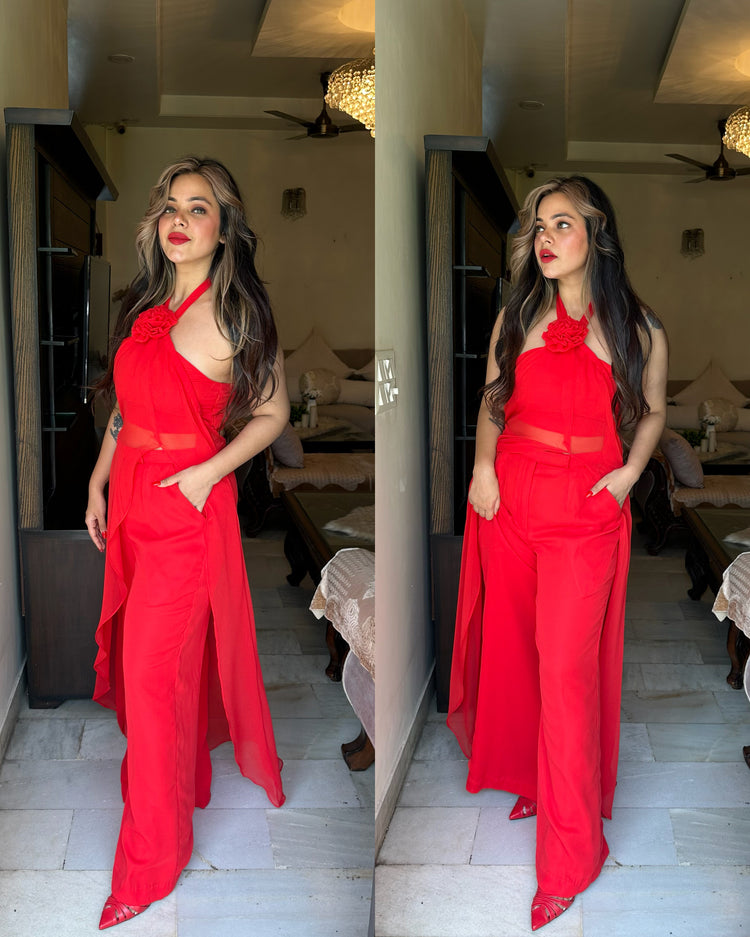 Red flower resort wear set