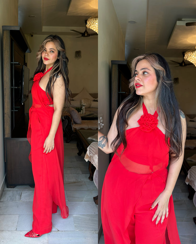 Red flower resort wear set
