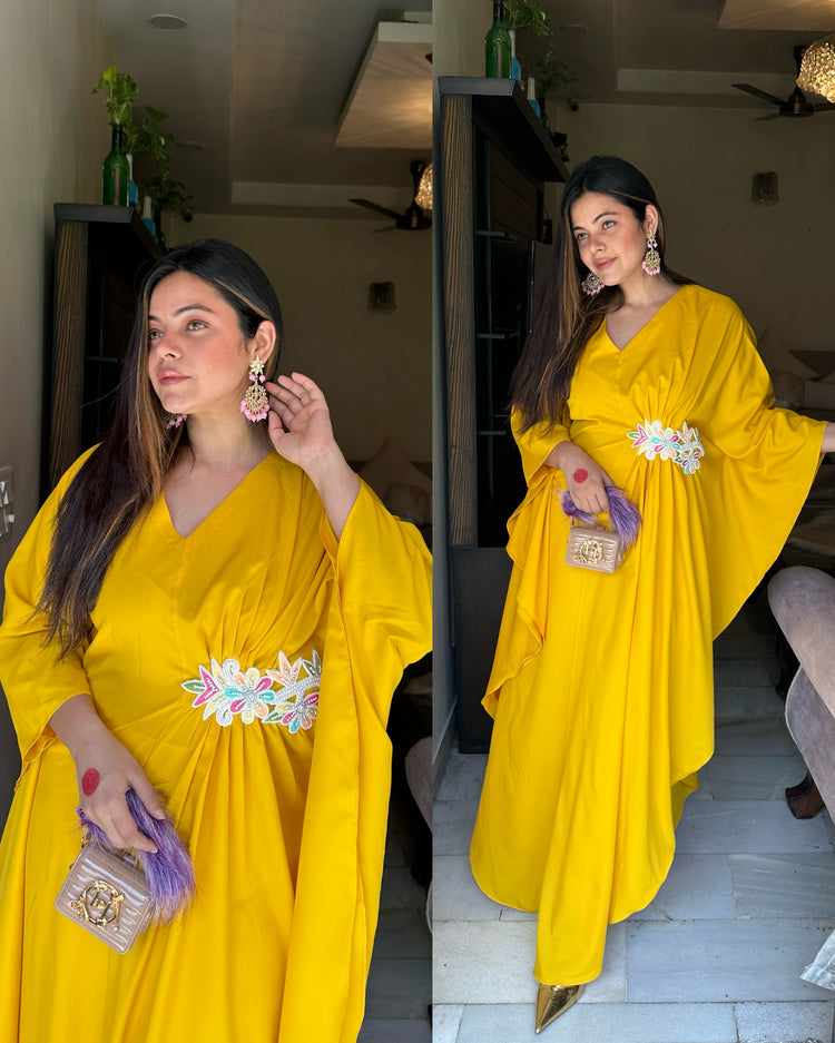 Yellow embroidered patch drape set
