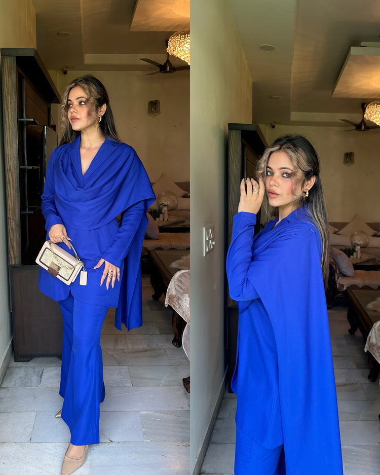 Royal blue blazer drape set