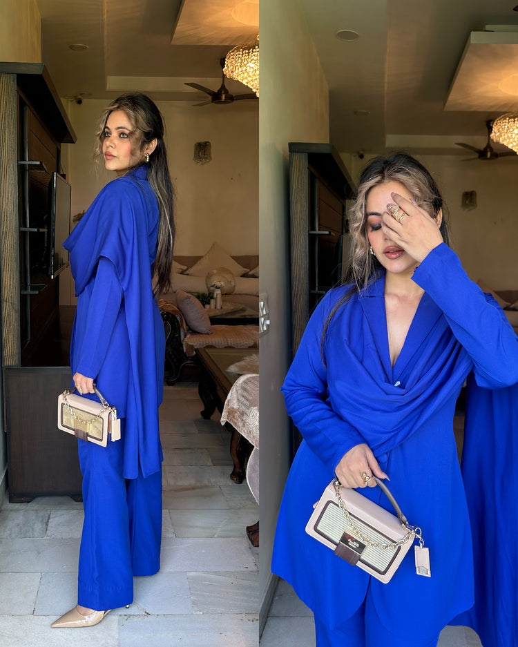 Royal blue blazer drape set