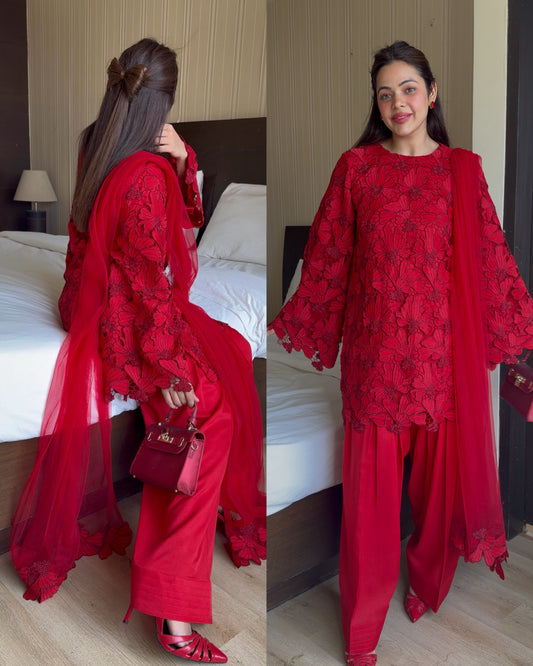 Crimson red premium cutwork suit