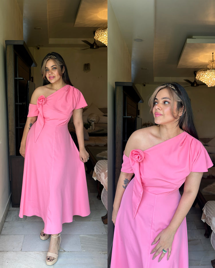 Pretty pink rose one shoulder dress