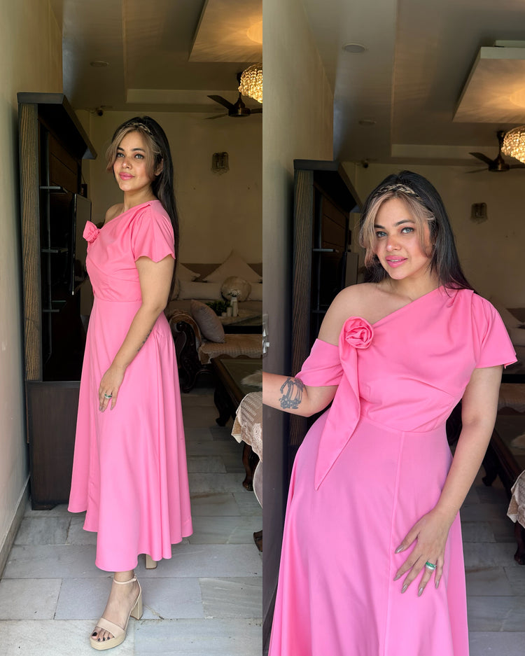 Pretty pink rose one shoulder dress