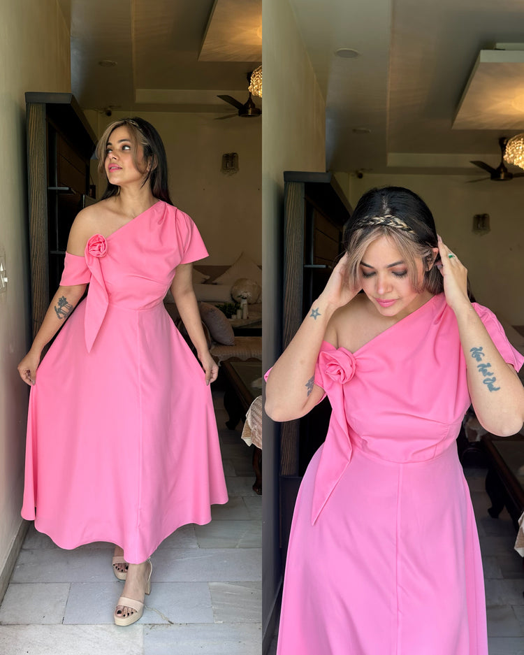 Pretty pink rose one shoulder dress