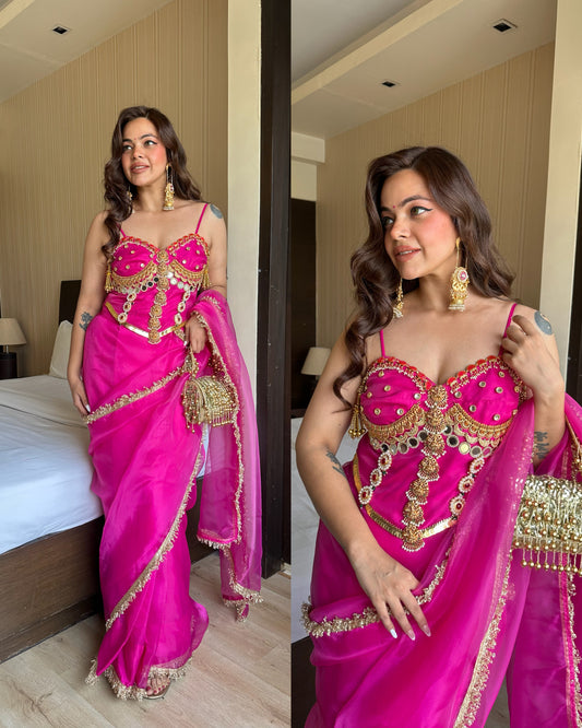 Pink heavy work corset ready saree