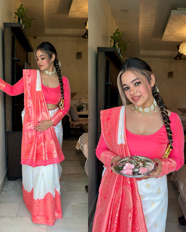Coral pink white silk saree