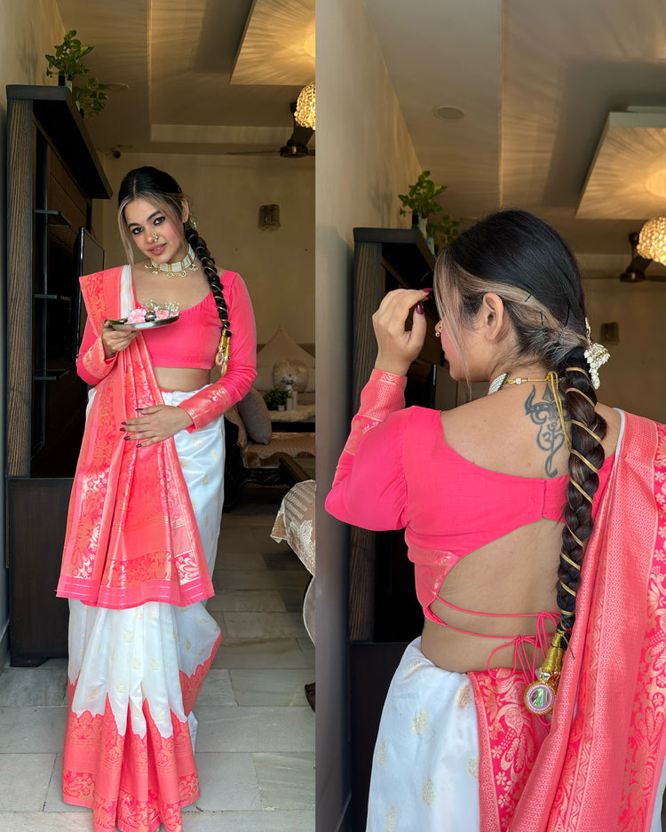 Coral pink white silk saree