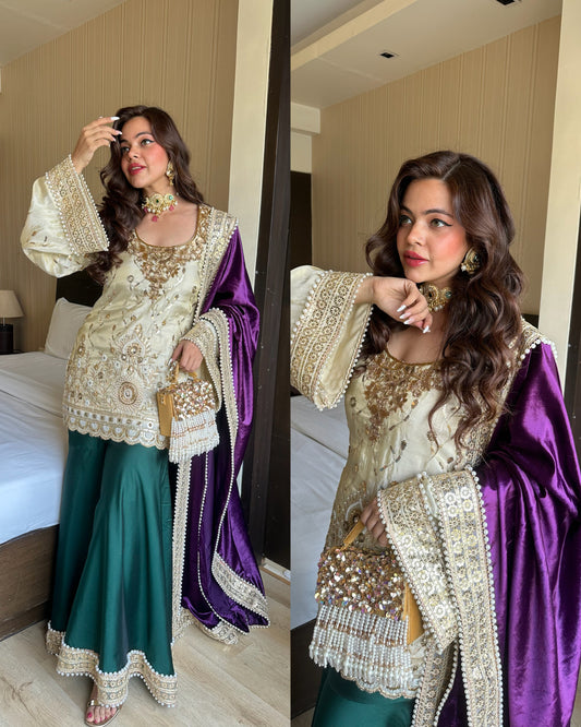 Cream green heavy work velvet shawl suit