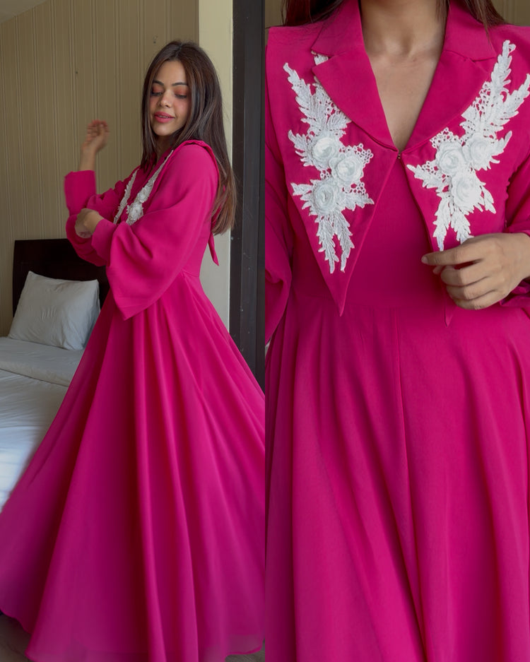 Pink white 3d work gown set