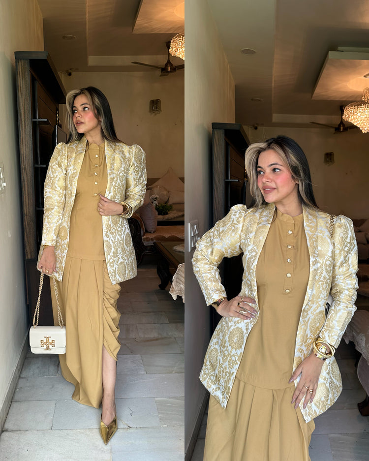 Golden white blazer lungi set