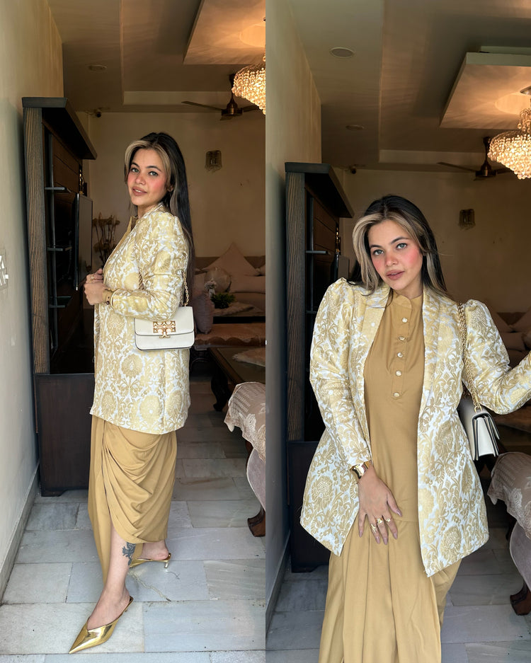Golden white blazer lungi set