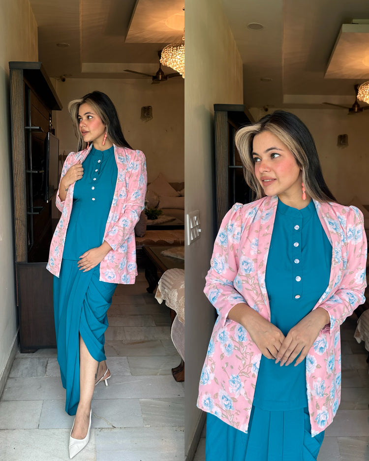Firozi peach floral jacket lungi set
