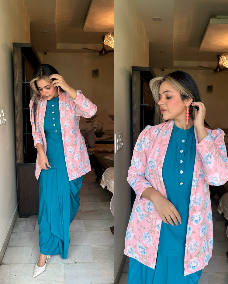 Firozi peach floral jacket lungi set