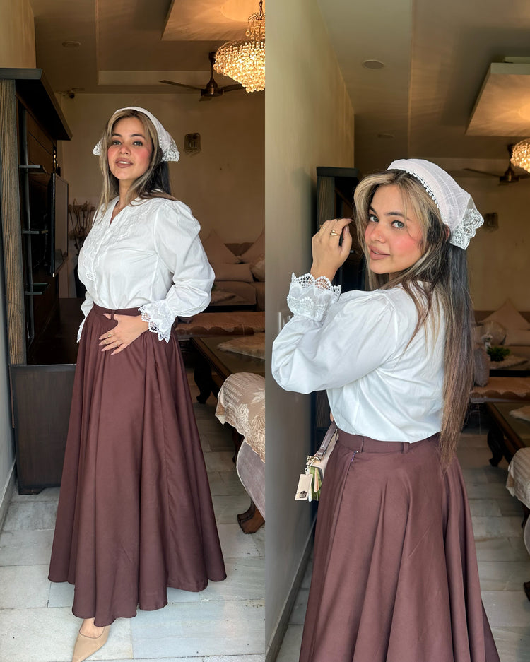 White shirt brown skirt set