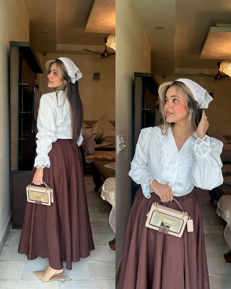 White shirt brown skirt set