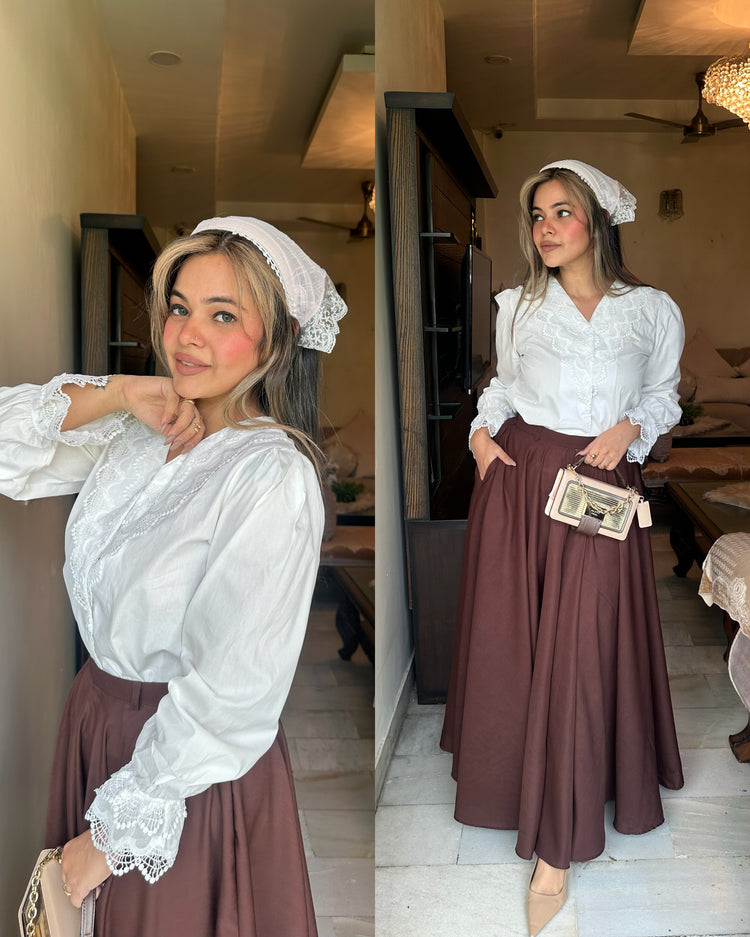 White shirt brown skirt set