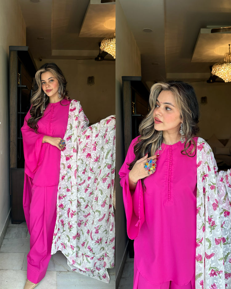 Bright magenta farsi linen duppata suit