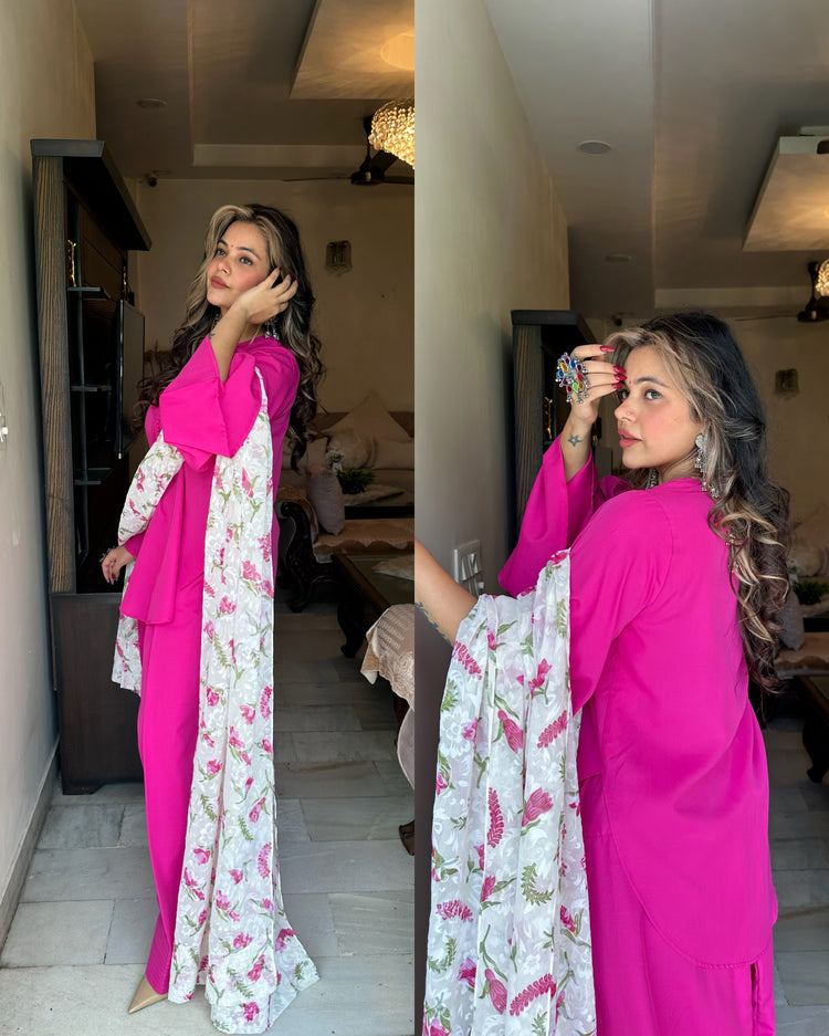 Bright magenta farsi linen duppata suit