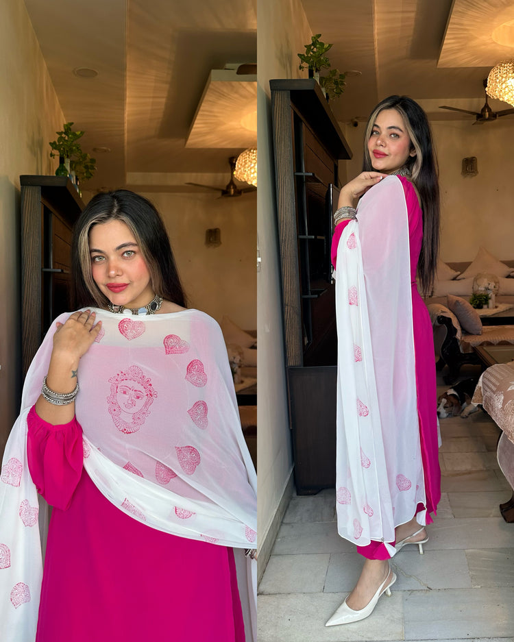 Pink white block print duppata suit
