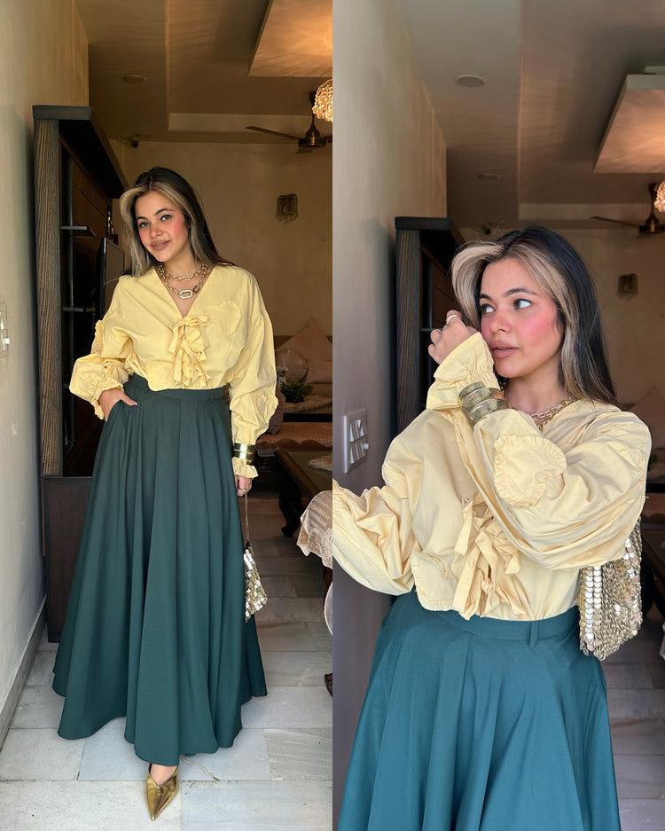 Butter yellow cotton heart shirt skirt set