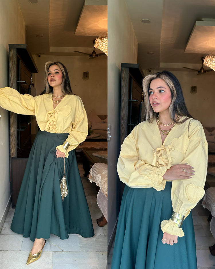Butter yellow cotton heart shirt skirt set