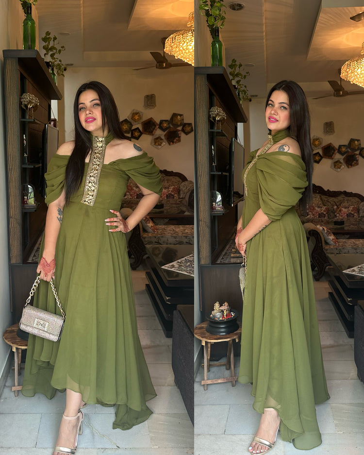 Mehendi green asymmetrical gown