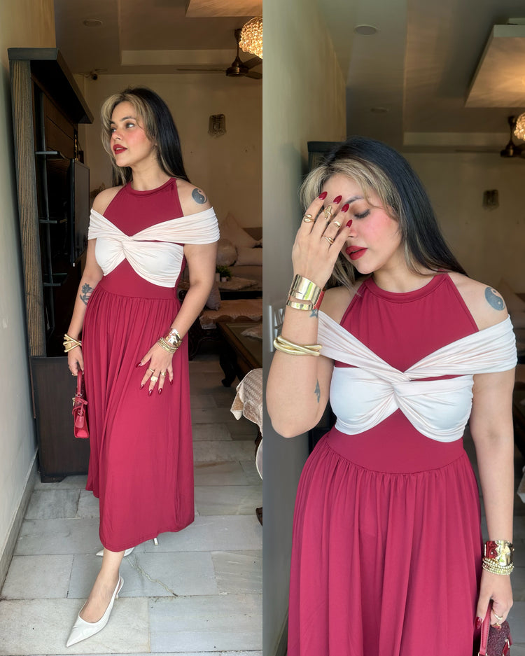 Burgundy cream drape stretchy dress